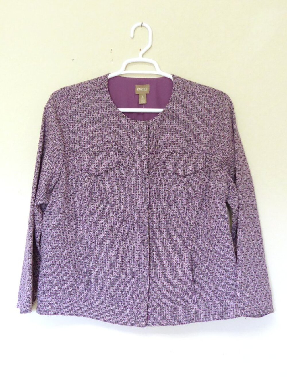 New with tags Chico's purple lavender tweed collarless button jacket size 3 / XL